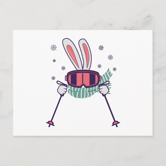 Skiing Rabbit with ski poles ski goggles and scarf Postcard (Front)