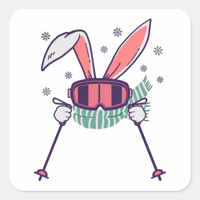 Skiing Rabbit with ski poles ski goggles and scarf Square Sticker (Front)