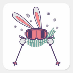 Skiing Rabbit with ski poles ski goggles and scarf Square Sticker