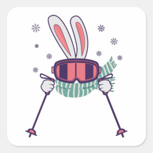 Skiing Rabbit with ski poles ski goggles and scarf Square Sticker