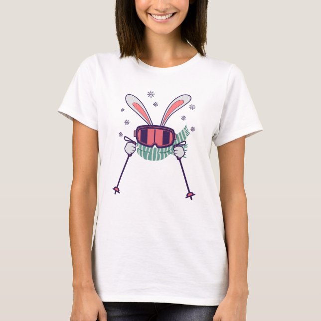 Skiing Rabbit with ski poles ski goggles and scarf T-Shirt (Front)