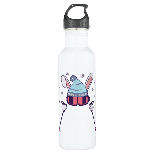 Skiing Rabbit with ski poles ski goggles ski cap 710 Ml Water Bottle (Front)