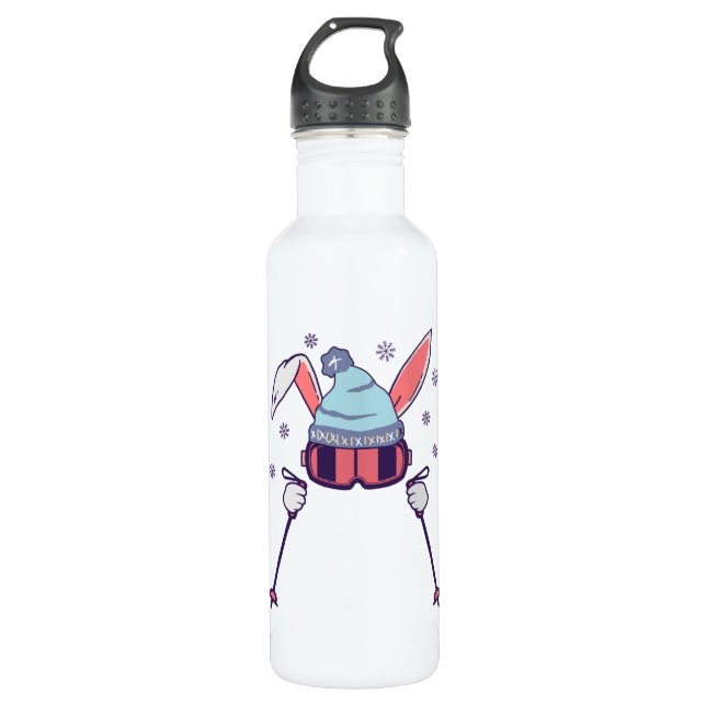 Skiing Rabbit with ski poles ski goggles ski cap 710 Ml Water Bottle (Front)