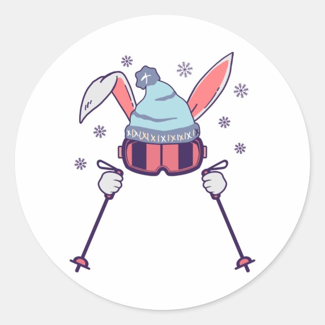 Skiing Rabbit with ski poles ski goggles ski cap Classic Round Sticker (Front)