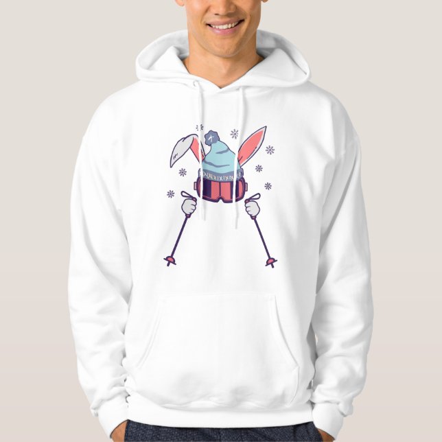 Skiing Rabbit with ski poles ski goggles ski cap Hoodie (Front)