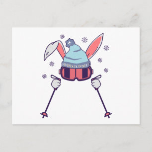 Skiing Rabbit with ski poles ski goggles ski cap Postcard