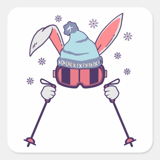 Skiing Rabbit with ski poles ski goggles ski cap Square Sticker (Front)