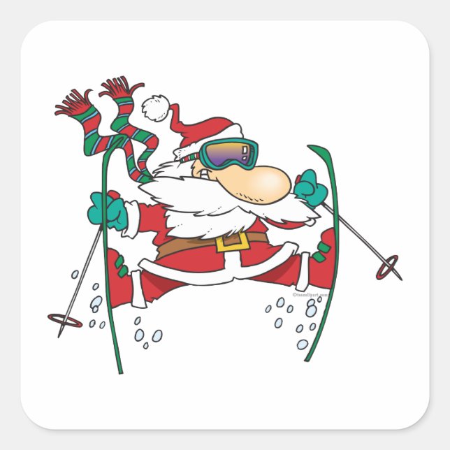 skiing santa claus cartoon square sticker (Front)