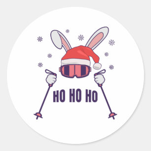 Skiing Santa Rabbit with Santa Hat and ski poles S Classic Round Sticker