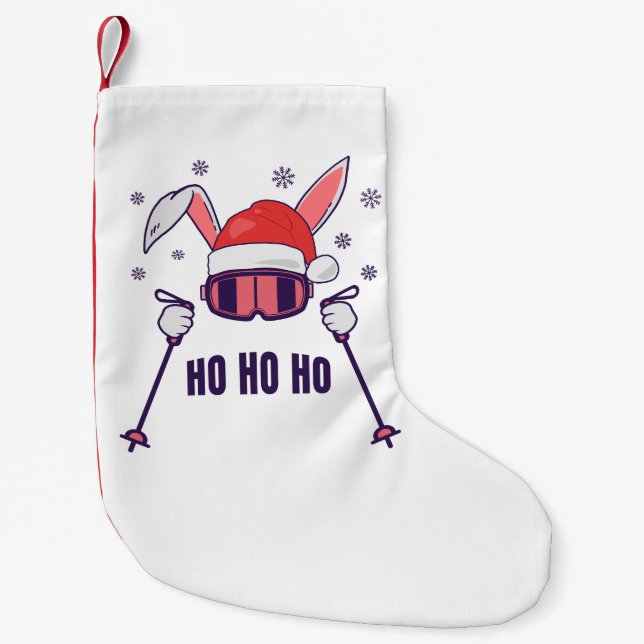 Skiing Santa Rabbit with Santa Hat and ski poles S Small Christmas Stocking (Front)