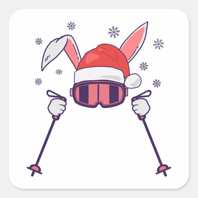 Skiing Santa Rabbit with Santa Hat and ski poles S Square Sticker (Front)