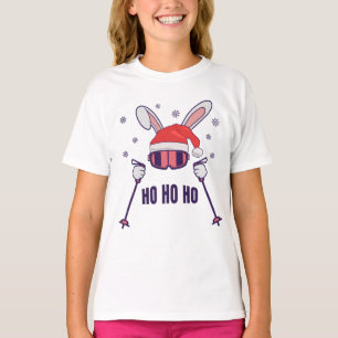 Skiing Santa Rabbit with Santa Hat and ski poles S T-Shirt