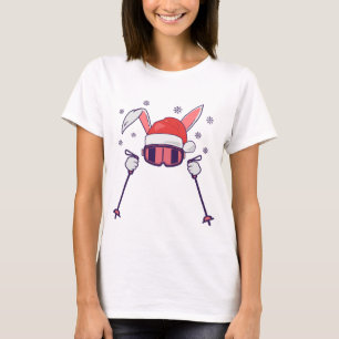 Skiing Santa Rabbit with Santa Hat and ski poles S T-Shirt