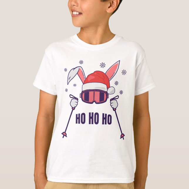 Skiing Santa Rabbit with Santa Hat and ski poles S T-Shirt (Front)