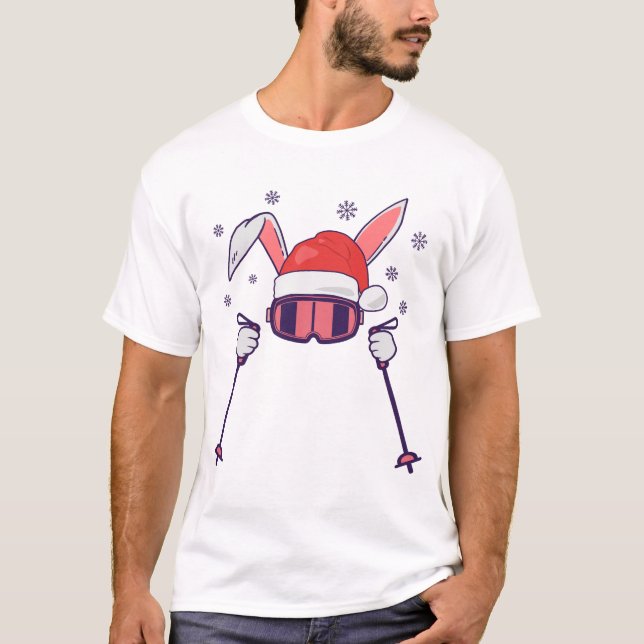 Skiing Santa Rabbit with Santa Hat and ski poles S T-Shirt (Front)