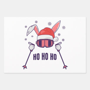 Skiing Santa Rabbit with Santa Hat and ski poles S Wrapping Paper Sheet