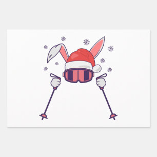 Skiing Santa Rabbit with Santa Hat and ski poles S Wrapping Paper Sheet