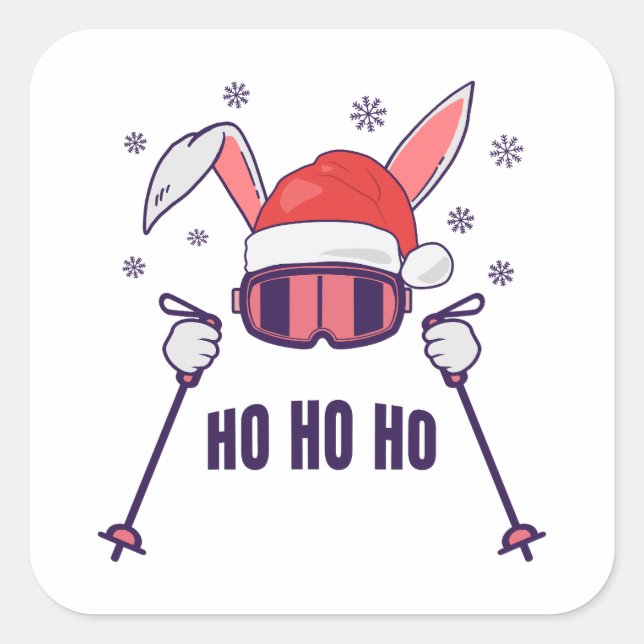Skiing Santa Rabbit with Santa Hat and ski poles Square Sticker (Front)