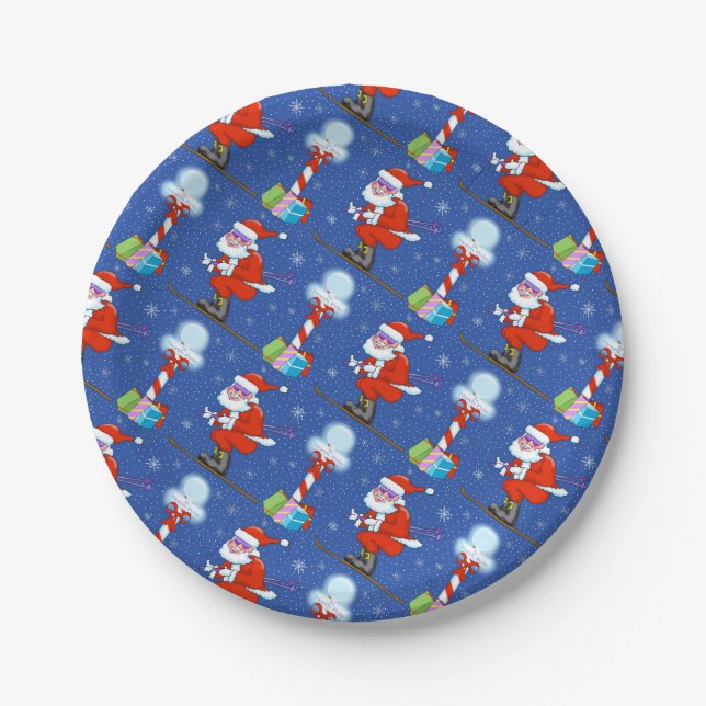Skiing Santas Christmas Paper Plates (Front)