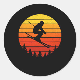Skiing Silhouette - Retro Sunset Skiers Classic Round Sticker