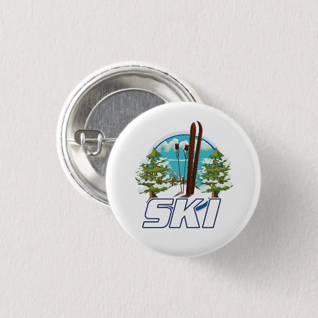 Skiing, ski poster logo. 3 cm round badge (Front & Back)