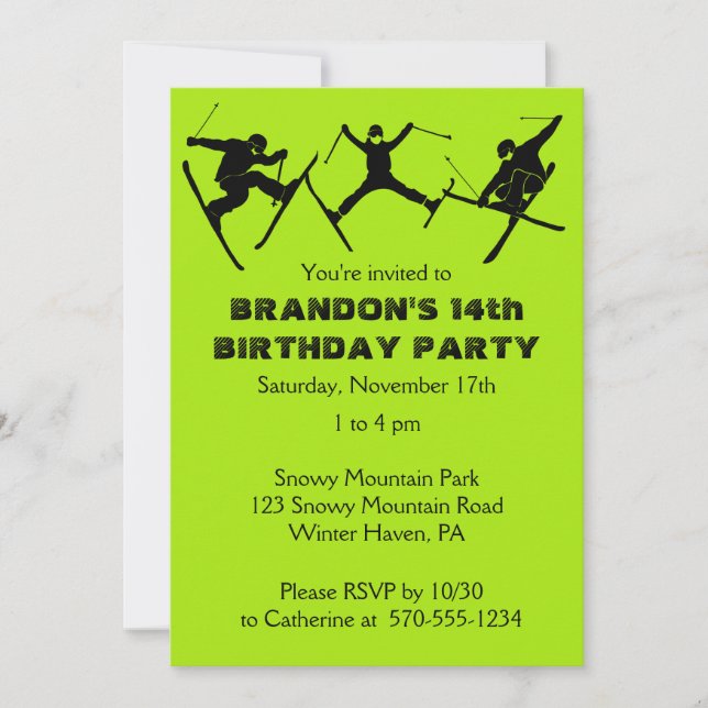 Skiing, Ski Tricks Themed Teen Boys Birthday Party Invitation (Front)