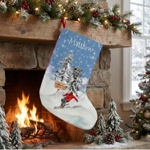 Skiing Skier Snow Personalised Watercolor  Small Christmas Stocking