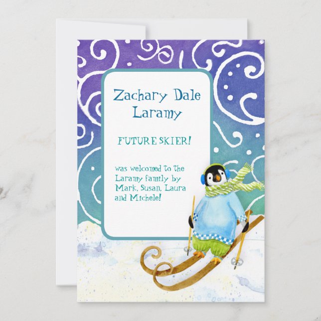 Skiing Snowboarder Penguin Baby Birth Announcement (Front)