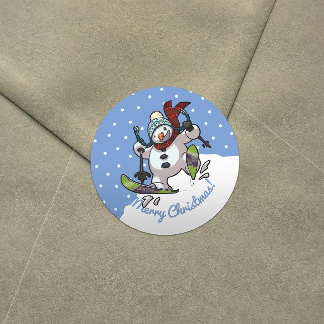 Skiing Snowman In Woolly Christmas Hat Cartoon Classic Round Sticker (Creator Uploaded)