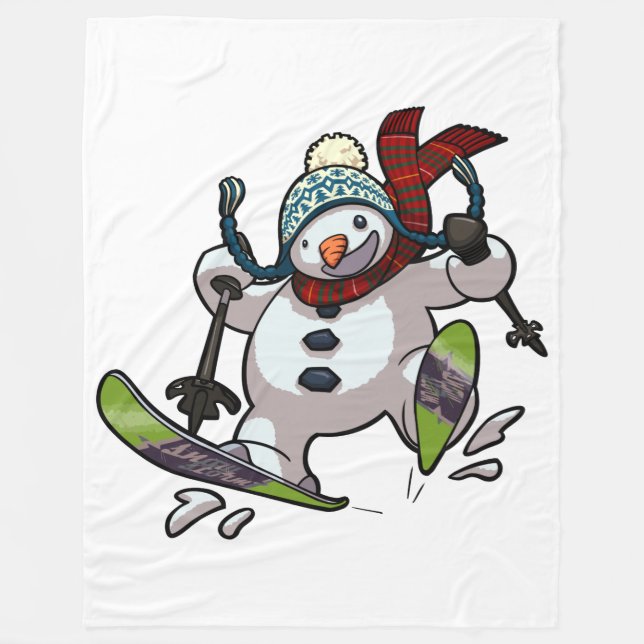 Skiing Snowman In Woolly Christmas Hat Cartoon Fleece Blanket (Front)