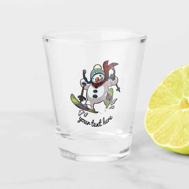 Skiing Snowman In Woolly Christmas Hat Cartoon Shot Glass (Front)