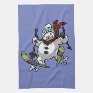 Skiing Snowman In Woolly Christmas Hat Cartoon Tea Towel