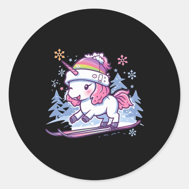 Skiing Sport Ski Unicorn Classic Round Sticker (Front)