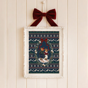 Skiing Teddy Bears Pine Wreath Christmas Poster