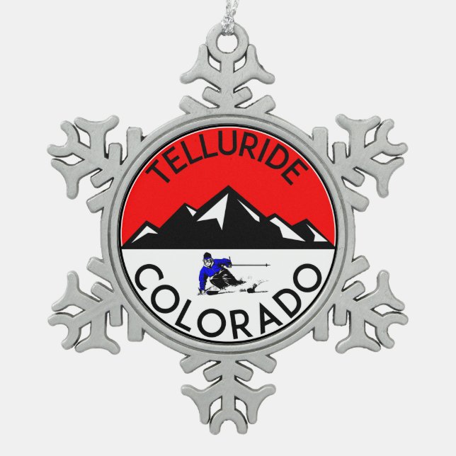 Skiing Telluride Colorado Ski Snowflake Pewter Christmas Ornament (Front)