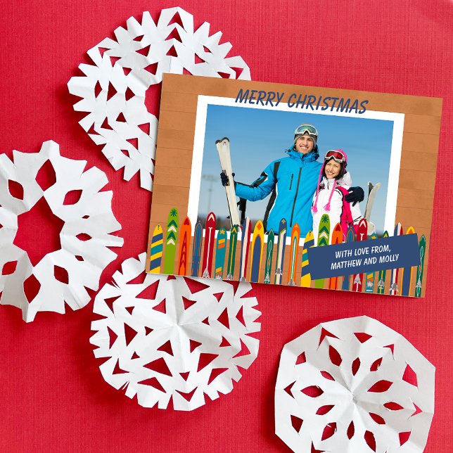 Skiing Themed Vintage Skis Photo Holiday Card (Creator Uploaded)