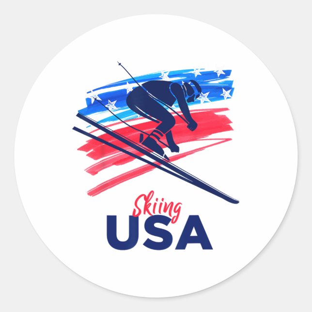 Skiing Usa Support The Team Shirt Usa Flag Skiing  Classic Round Sticker (Front)