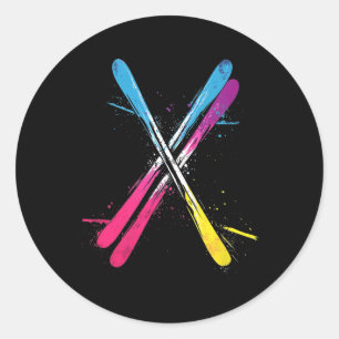 Skiing, Vibrant Design, Crossed Skis Classic Round Sticker