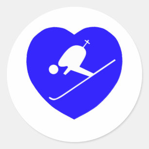 Skiing White on Blue Heart 200dpi Classic Round Sticker