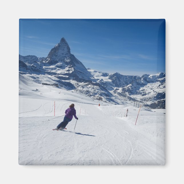 Skiing with Mt. Matterhorn in Zermatt, Switzerland Magnet (Front)