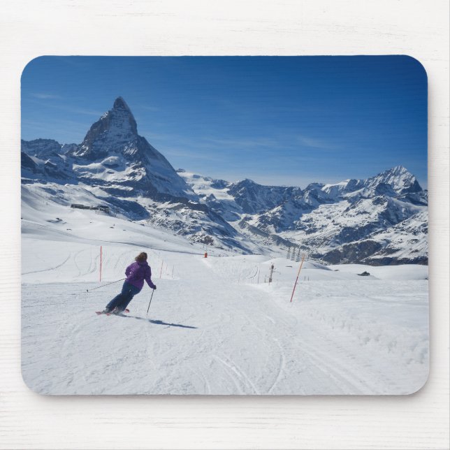 Skiing with Mt. Matterhorn in Zermatt, Switzerland Mouse Mat (Front)