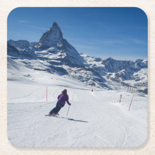Skiing with Mt. Matterhorn in Zermatt, Switzerland Square Paper Coaster