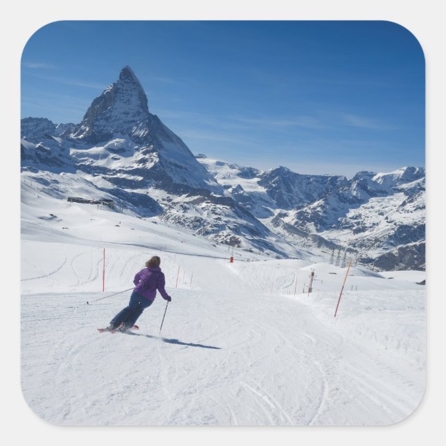 Skiing with Mt. Matterhorn in Zermatt, Switzerland Square Sticker (Front)