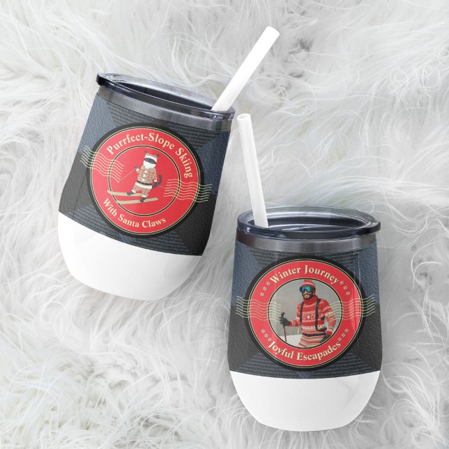 Skiing with Santa Claws Water Bottle (The front and back of a Santa Claws water bottle are lined up.)