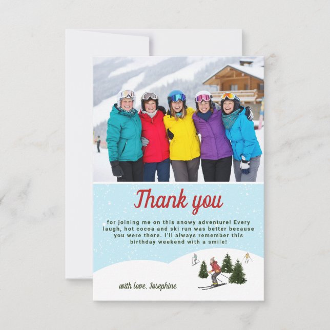 Skiing Women Ski Birthday Getaway Custom Photo Thank You Card (Front)