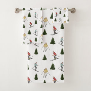 Skiing Women Watercolor Winter Christmas Pattern Bath Towel Set
