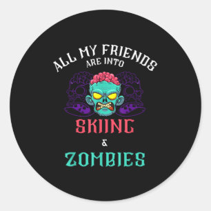 Skiing zombie friends snow mountain slope adventur classic round sticker
