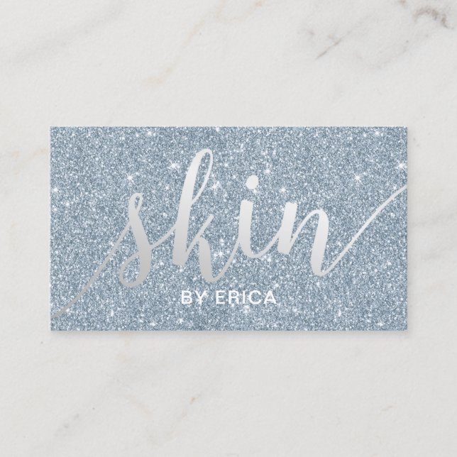 Skin Care Elegant Dusty Blue Glitter Aesthetician Business Card (Front)
