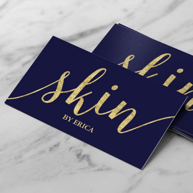 Skin Care Gold Script Aesthetician Elegant Navy Business Card (Creator Uploaded)