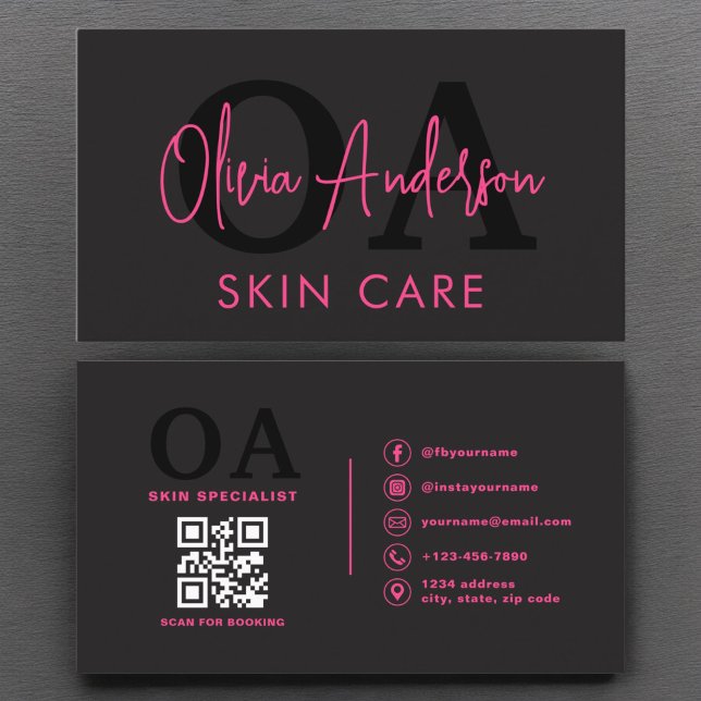 Skin Care QR Code Hot Pink Black Social Media Busi Business Card (Creator Uploaded)